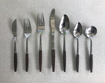 One Mid Century Danish Modern Interpur Wood Handle Stainless Silverware / Flatware INR2 - Replacement Pieces