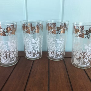 Four Vintage Hazel Atlas Gold and White Leaves and Fruit Glasses