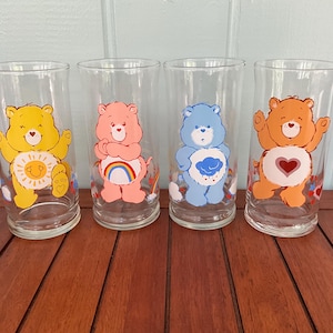 FOGGY / SCRATCHED - 1983 Care Bears Limited Edition Pizza Hut Collector Series Glasses - Funshine, Cheer, Tenderheart, Grumpy