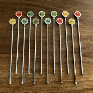 May include: Twelve silver stirring sticks with round, colorful tops featuring the astrological signs: Aquarius, Aries, Cancer, Capricorn, Gemini, Leo, Libra, Pisces, Sagittarius, Scorpio, Taurus, and Virgo.