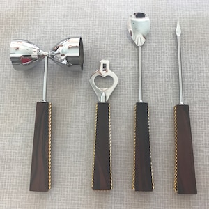 Vintage 4 Piece Riviera Bar Set / Bar Tools / Mixing Set in Original Box - Olive Fork, Stir Spoon, Jigger, Bottle Opener