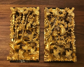 Pair of Three Dimensional Gold Antique Chinese Carved Wood Panels with Bird and Flower Vignettes