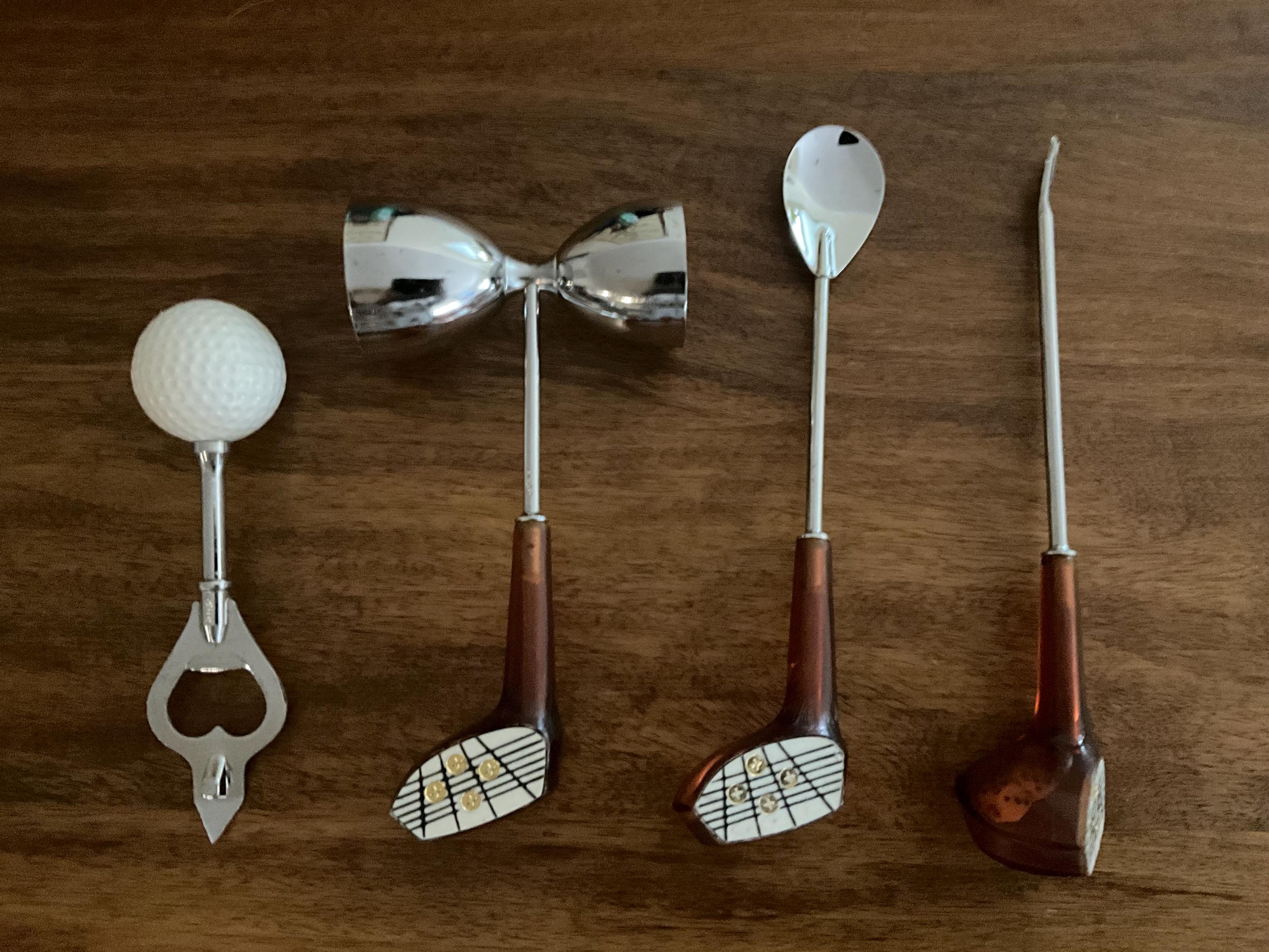 Vintage 4 Piece Golf Themed Bar Tools / Mixing Set in Original Box - Bottle Opener, Jigger, Stir Spoon, Cocktail Fork