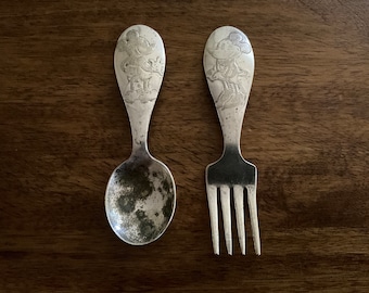 Walt Disney Winthrop Silver Plate Toddler / Baby Silverware / Flatware - Minnie Mouse Fork, Mickey Mouse Spoon