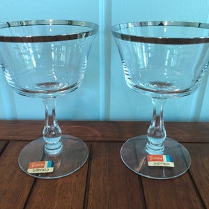 Two Fostoria Sheffield Champagne / Tall Sherbet Glasses with Platinum Rim and Original Sticker