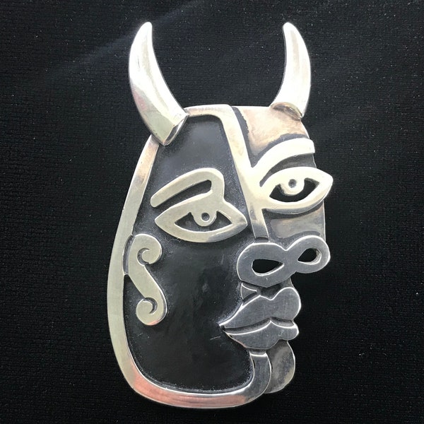 Vintage Miguel Garcia Martinez Taxco Silver Bull Face / Human Face Pendant