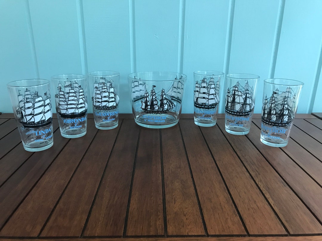 Schooners Blue by Hazel Atlas, Clipper Ships Glasses and Ice