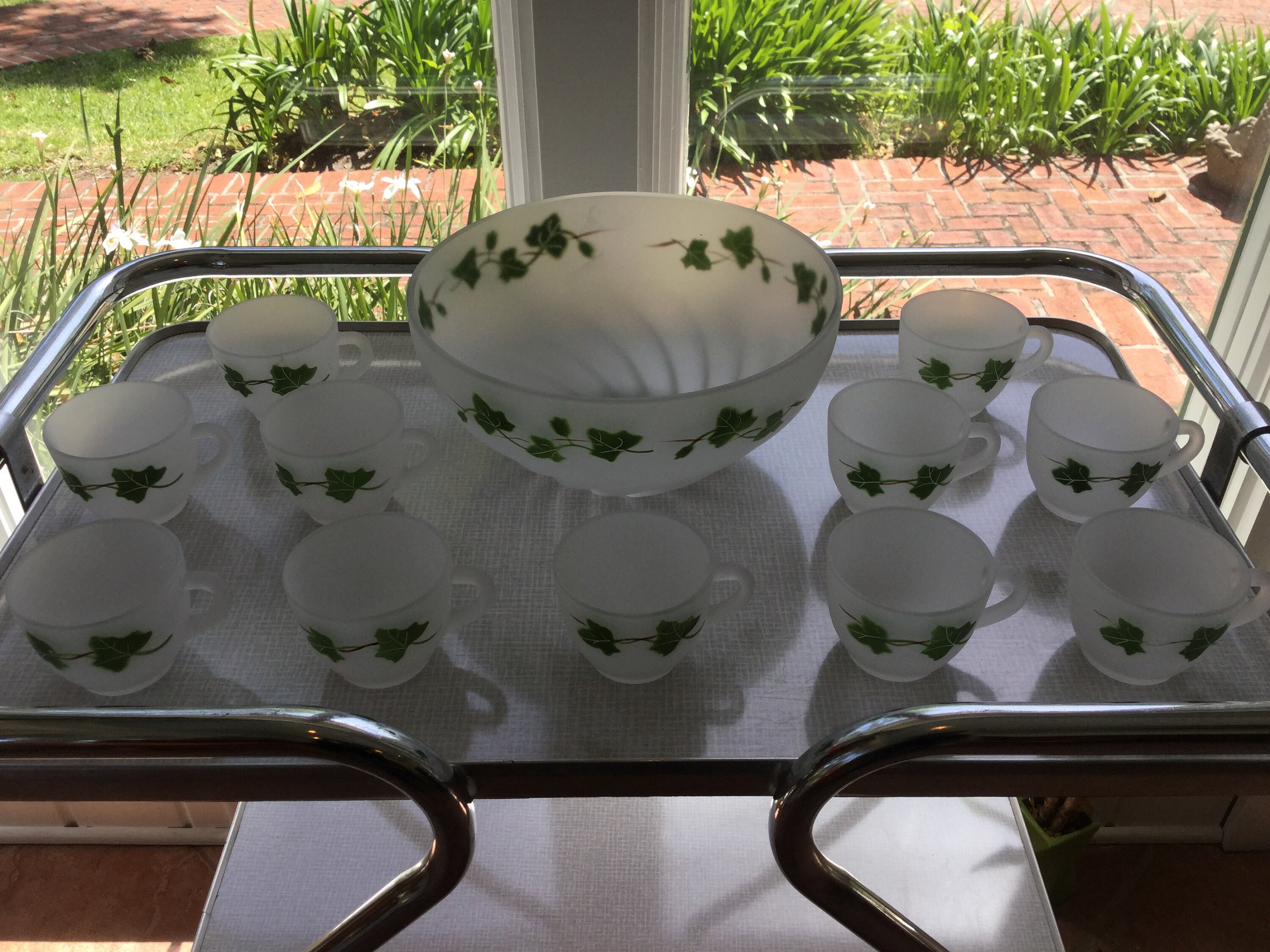 Federal Glass Frosted Ivy Punch Bowl and Cups Etsy