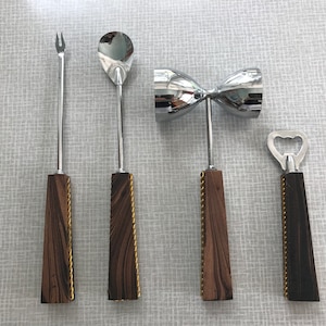 Vintage 4 Piece Riviera Bar Set / Bar Tools / Mixing Set - Olive Fork, Stir Spoon, Jigger, Bottle Opener