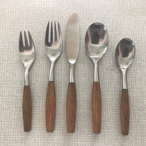 Mid Century Danish Modern Dansk Fjord Germany Wood Handle Stainless Silverware / Flatware