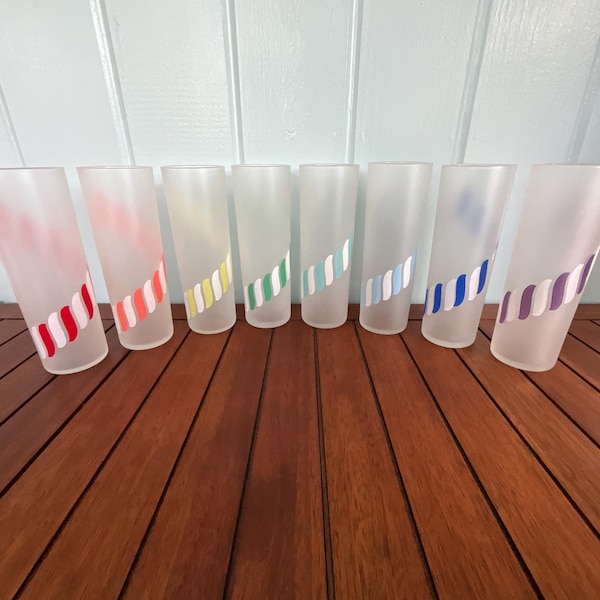 Complete Set of Libbey Candy Stripe Glasses - Frosted Glasses, Rainbow Colors - Tall Cocktail Glasses / Tom Collins Glass
