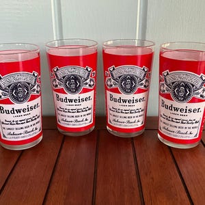 Four Vintage Budweiser Lager Beer Glasses, The Largest Selling Beer in the World, Anheuser Busch, King of Beers