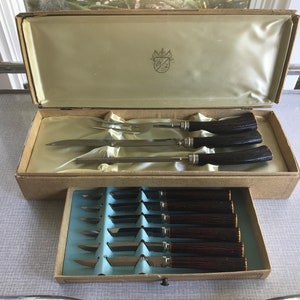 Washington Forge Carving Set and Forgecraft Steak Knife Set with Faux Stag Horn Bakelite Handles in Original Box