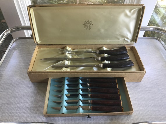 Washington Forge Carving Set and Forgecraft Steak Knife Set With Faux Stag  Horn Bakelite Handles in Original Box 