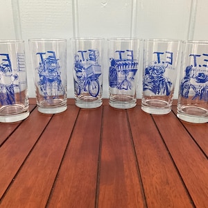 Set of Six 1988 Pepsi E.T. The Extra-Terrestrial Glass - MCA Home Video, Amblin Entertainment - Blue E.T. Glasses