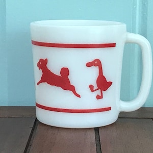 Vintage Red and White Hazel Atlas Animals Milk Glass Child’s Mug - Farm Animals, Rooster, Pig, Goat, Duck