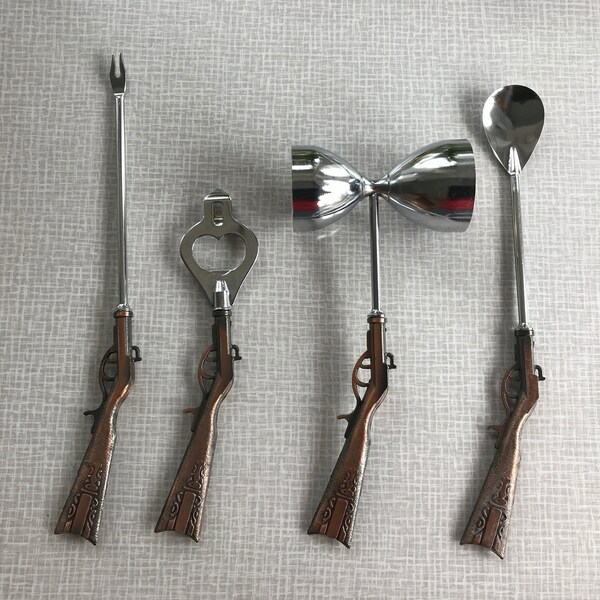 Vintage 4 Piece Gun / Rifle Themed Bar Tools / Mixing Set - Stir Spoon, Olive Fork, Bottle Opener, and Jigger