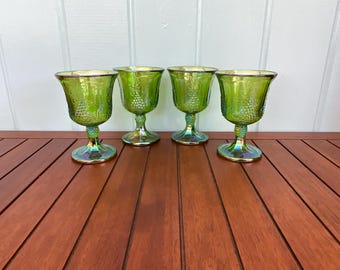 Four Vintage Green Colony Harvest Carnival Glass - Water Goblets / Wine Glasses