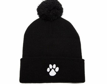 Dog Dad Dog Mom Embroidered Beanie Winter Hat Pom Pom Paw Print Beanie Paw Print Hat Pom Pom Hat Pom Pom Beanie