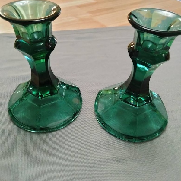Indiana Glass Co. Teal green candlestick holder set of 2 vintage 1980s