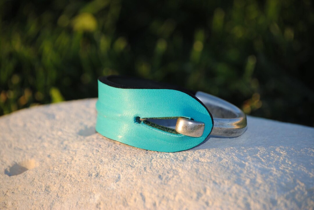 Blue Leather Bracelet With Metal Clasp Sky Silver Etsy