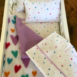 18” doll bedding, 5 piece set, Bitty Baby bedding, toddler gift, AG doll accessories, kids’ gifts, MN handmade, hearts, polka dots, purple