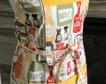 Unisex Kitchen Apron: Condiment Print, Lined Bib, Made in Minnesota