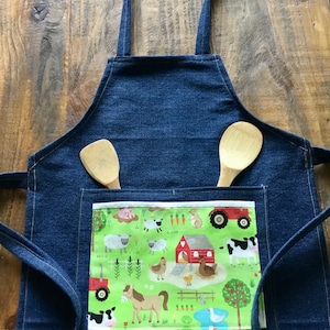 Child&#39;s gardening apron, unisex, kids’ denim bib apron, child gender neutral birthday gift, preschool, cooking w/ kids, Mommy’s helper, boy