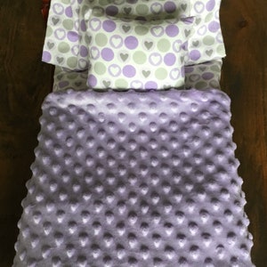 4 piece set, Bitty Baby doll bedding, 18" doll bedding, purple reversible minky blanket, toddler b'day gift, girl Easter gift, purple hearts