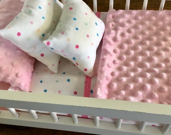Bitty Baby doll bedding, little girl gift, 18” doll sheets, minky blanket, doll accessories, heritage crib bedding, 6 piece set, polka dots
