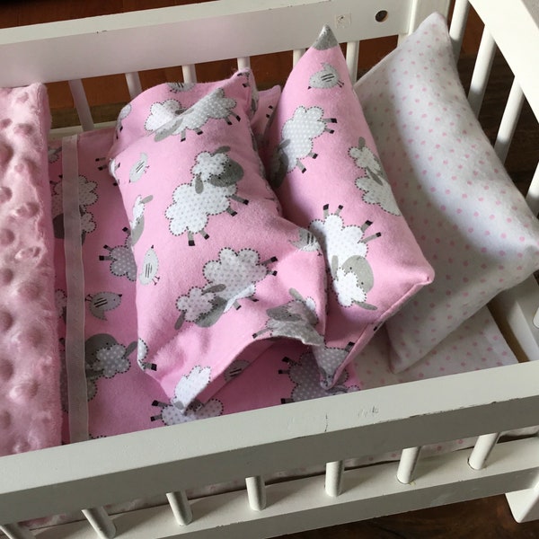 Bitty Baby doll bedding, AG accessories, girl Easter gift, pink & gray, minky blanket, 6 piece set, 18 in doll bedding, girl birthday, sheep