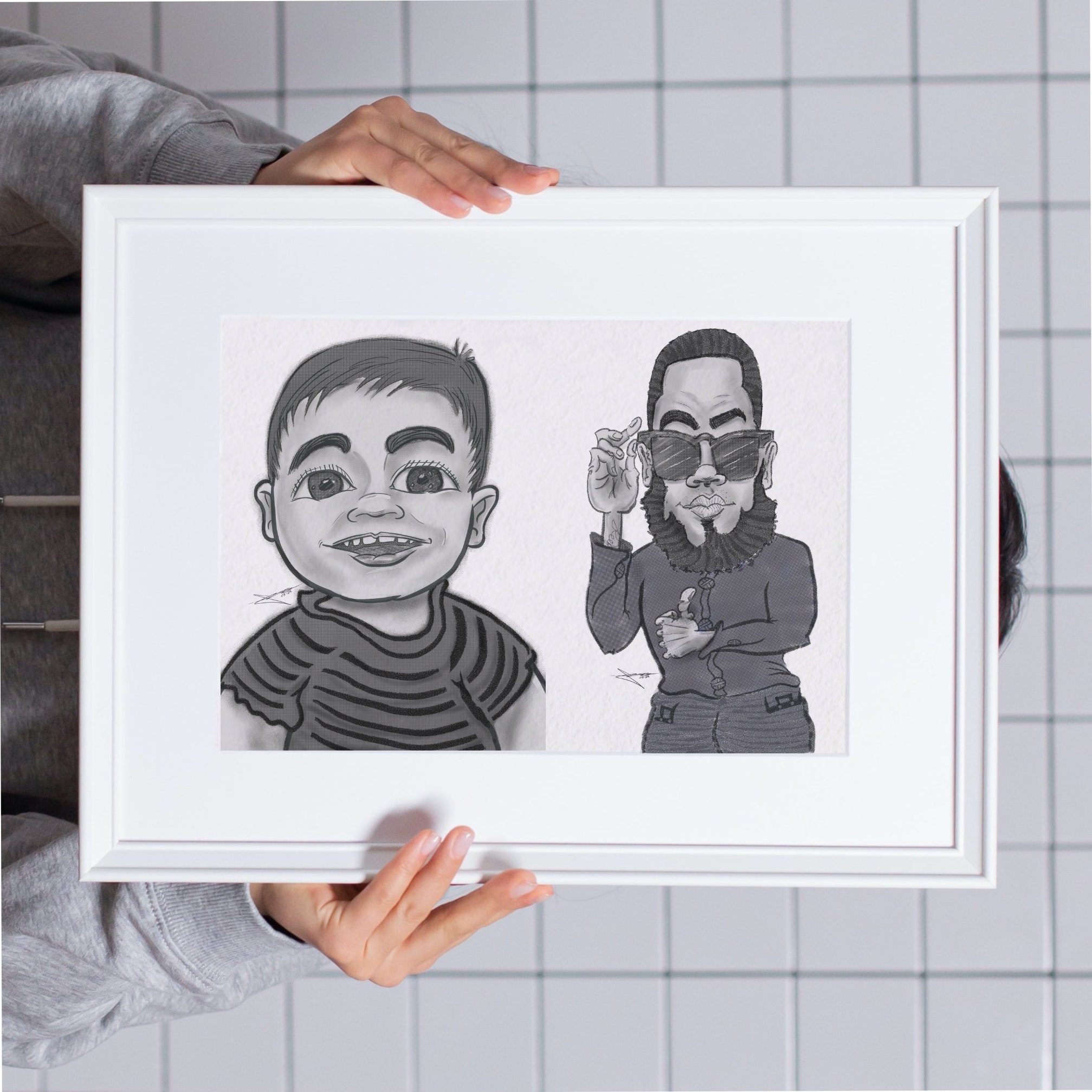 2 People Head Black & White Hand Drawing Caricature Digitally From Your