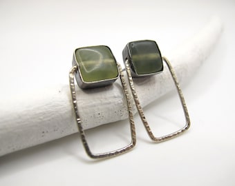 Pendientes de piedra natural jade cuadrado y plata de ley, pendientes de aro originales con piedra verde, regalo de mujer, joyería artística piedra natural