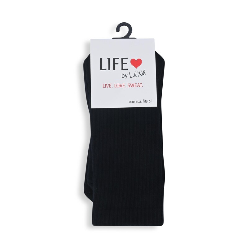 May include: Black ribbed socks with a white tag that reads "LIFE by Lexie LIVE. LOVE. SWEAT. one size fits all"