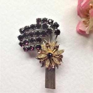 Vintage 1940&#39;s Crystal & Rhinestone Brooch, 1940&#39;s Rhinestone Brooch, Purple Brooch, Gold Tone Brooch, Rhodium Plated Brooch, Forties