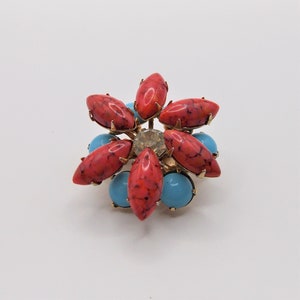 Vintage 1940&#39;s Opaque Gemstone Brooch, Double Layered Brooch, 1940&#39;s Rhinestone Brooch, Turquoise Toned Brooch, Red Brooch, Forties Brooch