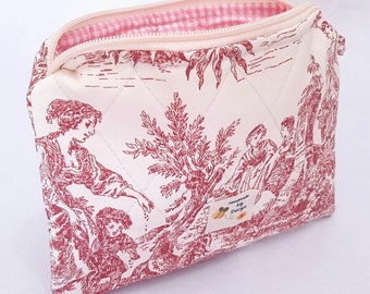 Burgundy Toile de Jouy Zipper Pouch , Handcrafted Quilted Make up Bag
