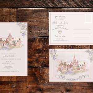 Op de afbeelding: Een aquarel-illustratie van een kerk in San Miguel de Allende, Mexico, met een roze en paarse bloemenrand. De tekst "Save the Date for the wedding of Amber and Ross in beautiful San Miguel de Allende, Mexico" staat bovenaan de kaart. De datum "Feb 13, 2021" staat onder de tekst.