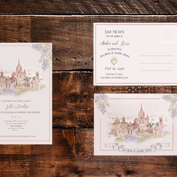 San Miguel de Allende Invitación de boda o San Miguel de Allende guardan la fecha- Diseño de acuarela semi-personalizada