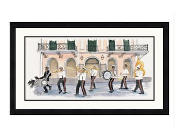 May include: A watercolor painting of a New Orleans brass band marching down a street. The band is made up of seven musicians, all wearing white shirts and black pants. They are playing trumpets, trombones, drums, and a tuba. The band is marching in front of a pink building with arched doorways. The painting is framed in black.