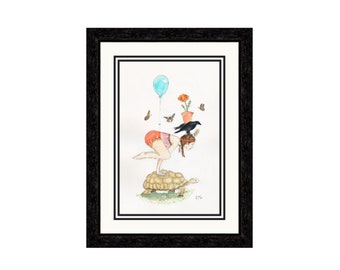Balancing Act Series- The Tortoise and the Crow- Fine art watercolor Giclée Print- Circus Yoga Art- Endangered Species- Crow Pose