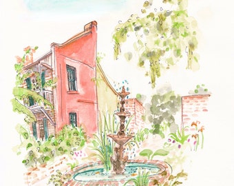 Dreamy Courtyard in the French Quarter- New Orleans Watercolor Giclée Print