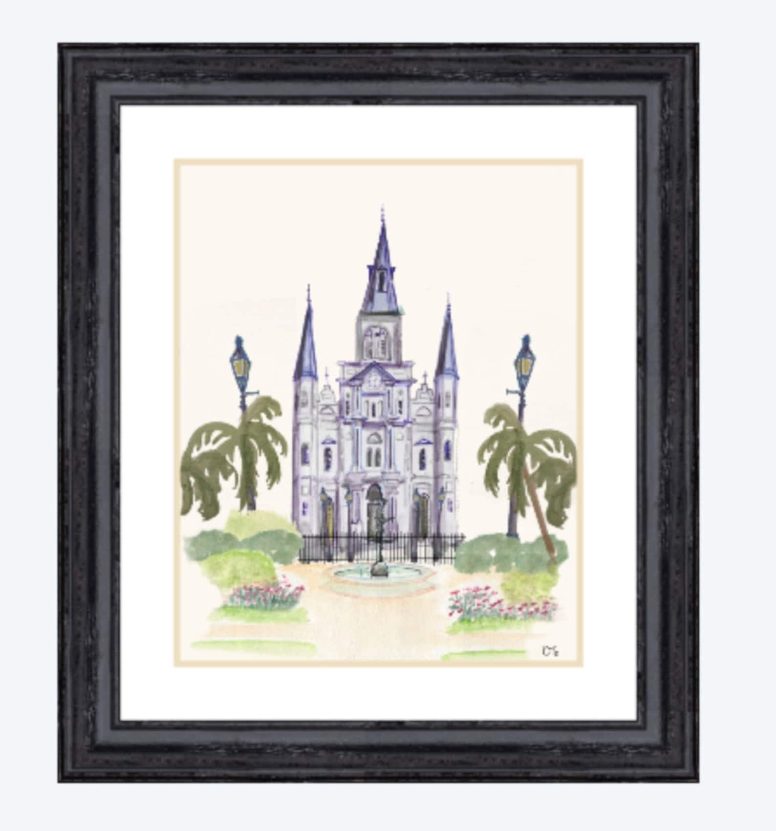 Jackson Square New Orleans/ St. Louis Cathedral/ French Quarter Watercolor Print- Blue - 20x16 inches