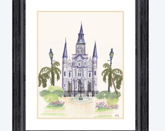 Jackson Square New Orleans/ St. Louis Cathedral/ French Quarter Watercolor Print- Blue