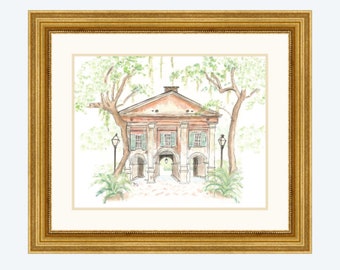 May include: Watercolor painting of a brick building with a large arched doorway. The building has two sets of windows with green shutters. The building is surrounded by trees and there are two street lamps on either side of the building.