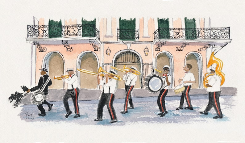 May include: A watercolor painting of a New Orleans brass band marching down a street. The band is made up of musicians playing trumpets, trombones, drums, and a tuba. The musicians are wearing white shirts, black pants, and red suspenders. The band is marching in front of a pink building with arched doorways and balconies.