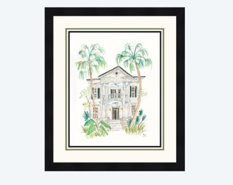 Esplanade Ave, New Orleans- Tropical Mansion Watercolor Giclée Print