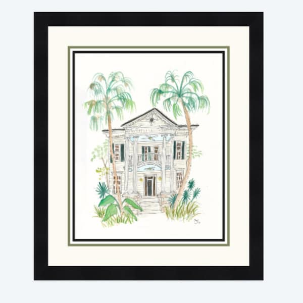 Esplanade Ave, New Orleans- Tropical Mansion Watercolor Giclée Print