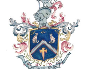 Custom Whimsical Family Crest * Watercolor Heraldry * Family Shield Design