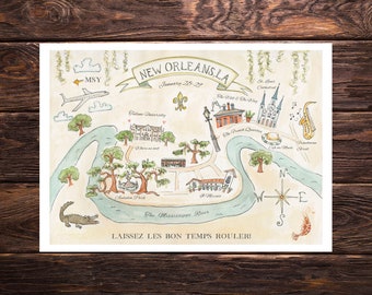 May include: A hand-drawn map of New Orleans, Louisiana, with landmarks like Tulane University, the French Quarter, and St. Louis Cathedral. The map includes a compass, a river, and the text "Laissez les bon temps rouler!"